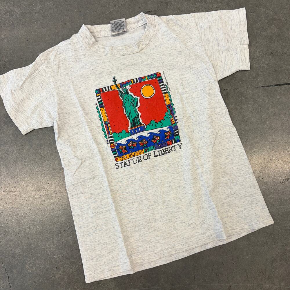 Vintage Y2k 90's Statue Of Liberty New York City Grey Graphic Tee Youth 10/12